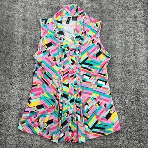 New Directions Petite Women's PM Geometric Print Sleeveless Pleated V Neck Top